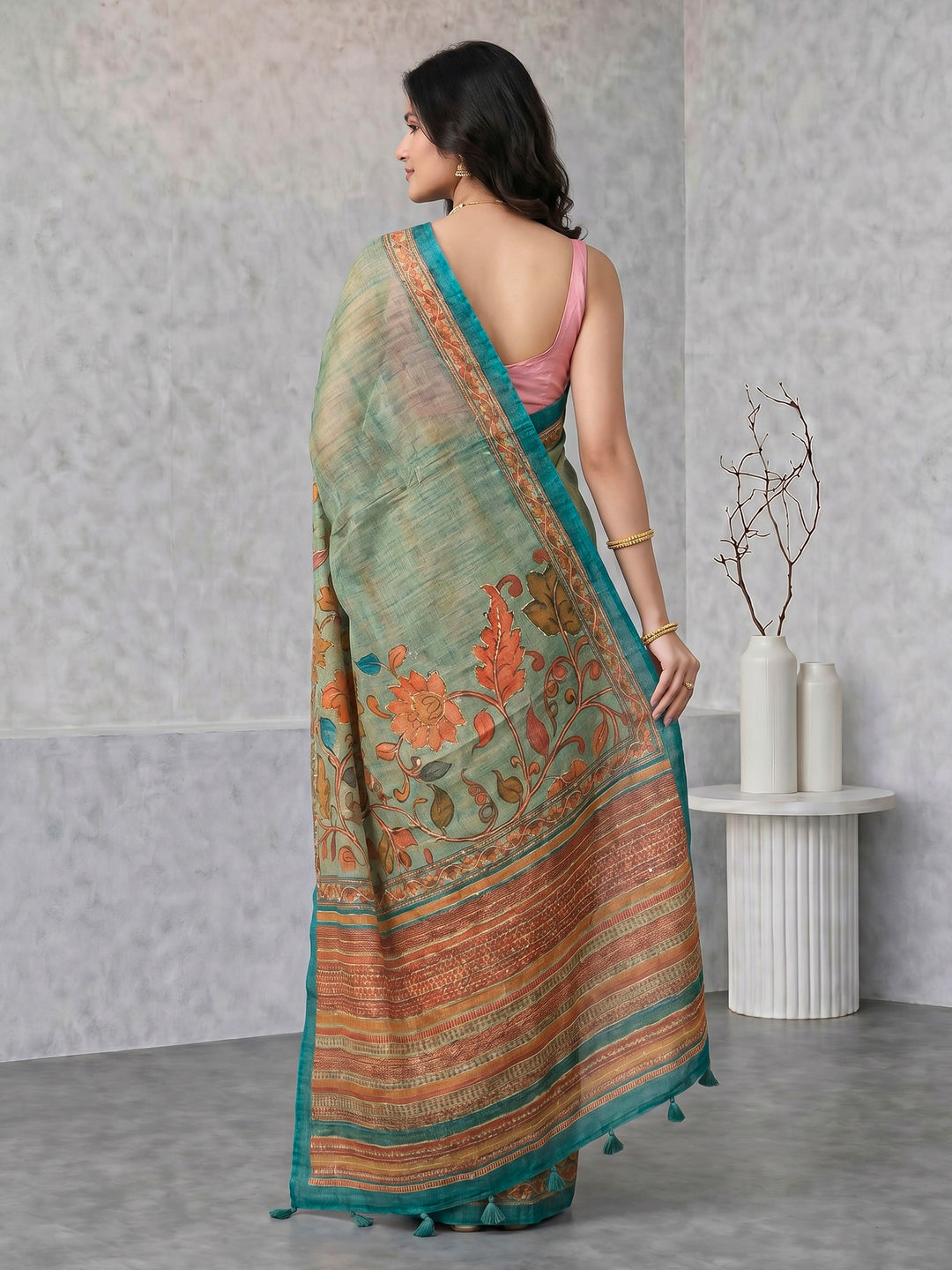 Sea Green Digital Print Cotton Blend Saree