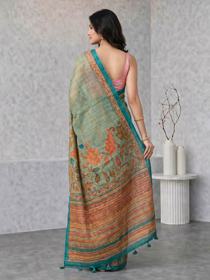 Sea Green Digital Print Cotton Blend Saree