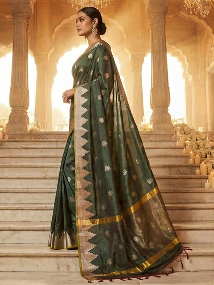 Bottle-Green Woven Design Art Katan Saree