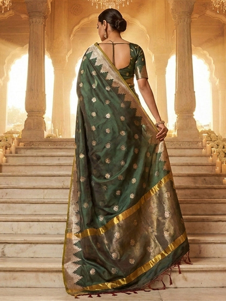 Bottle-Green Woven Design Art Katan Saree