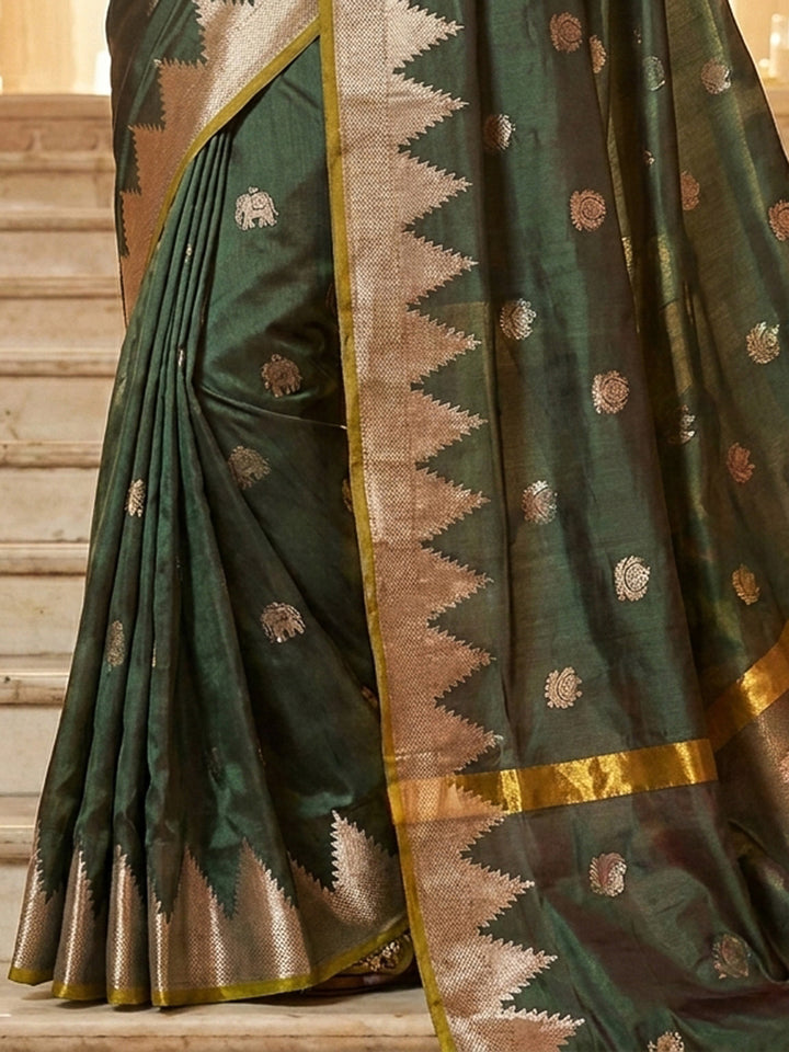 Bottle-Green Woven Design Art Katan Saree