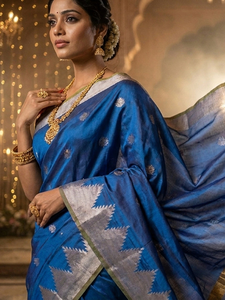 Royal-Blue Woven Design Art Katan Saree