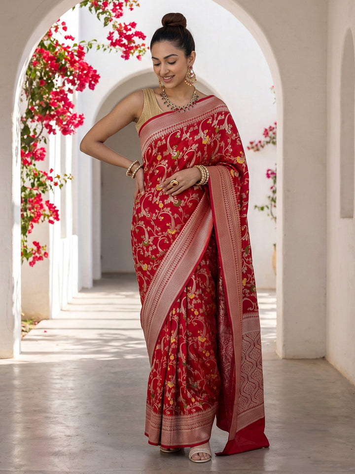 Red Cotton Blend Woven Saree