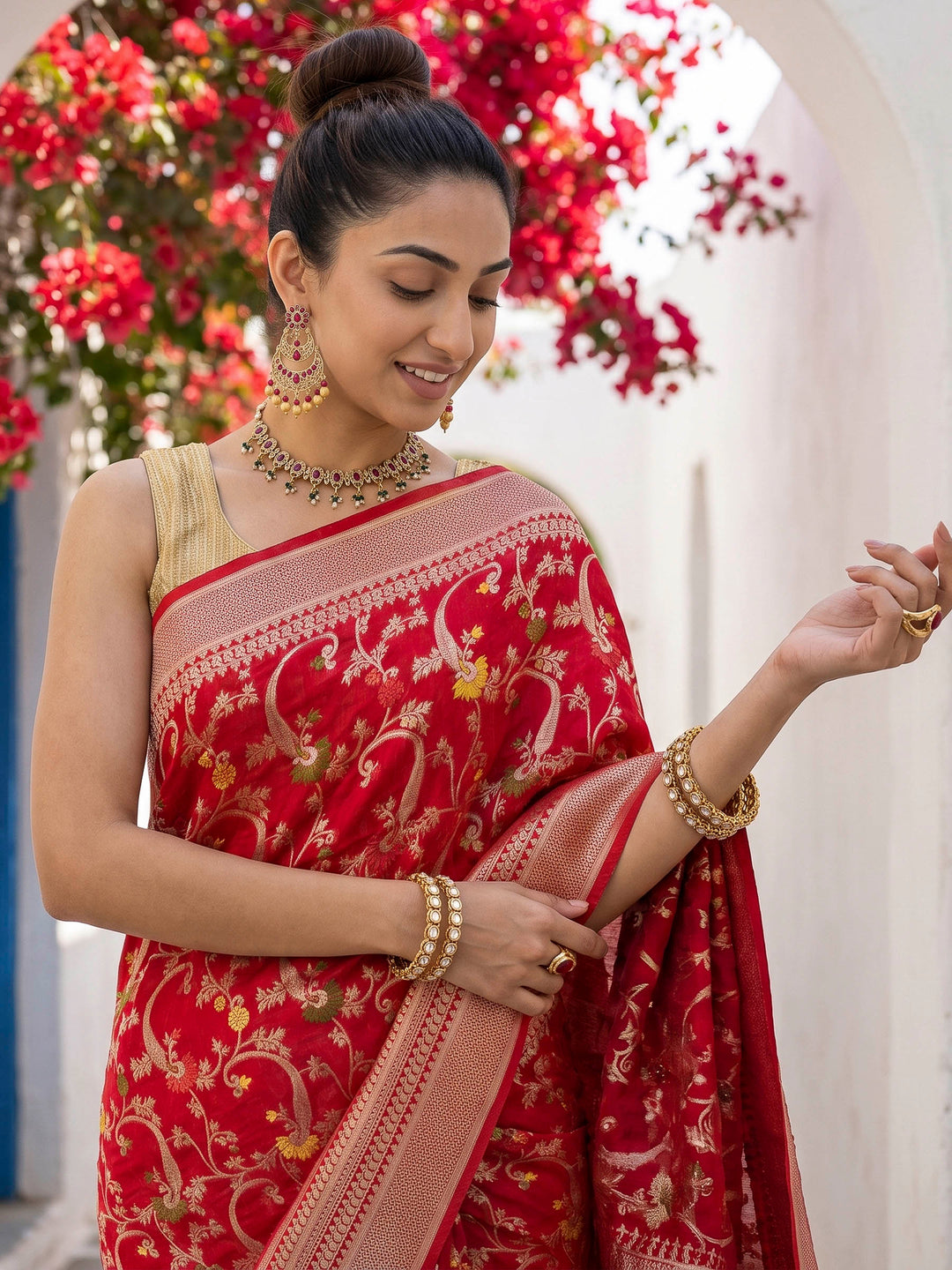 Red Cotton Blend Woven Saree