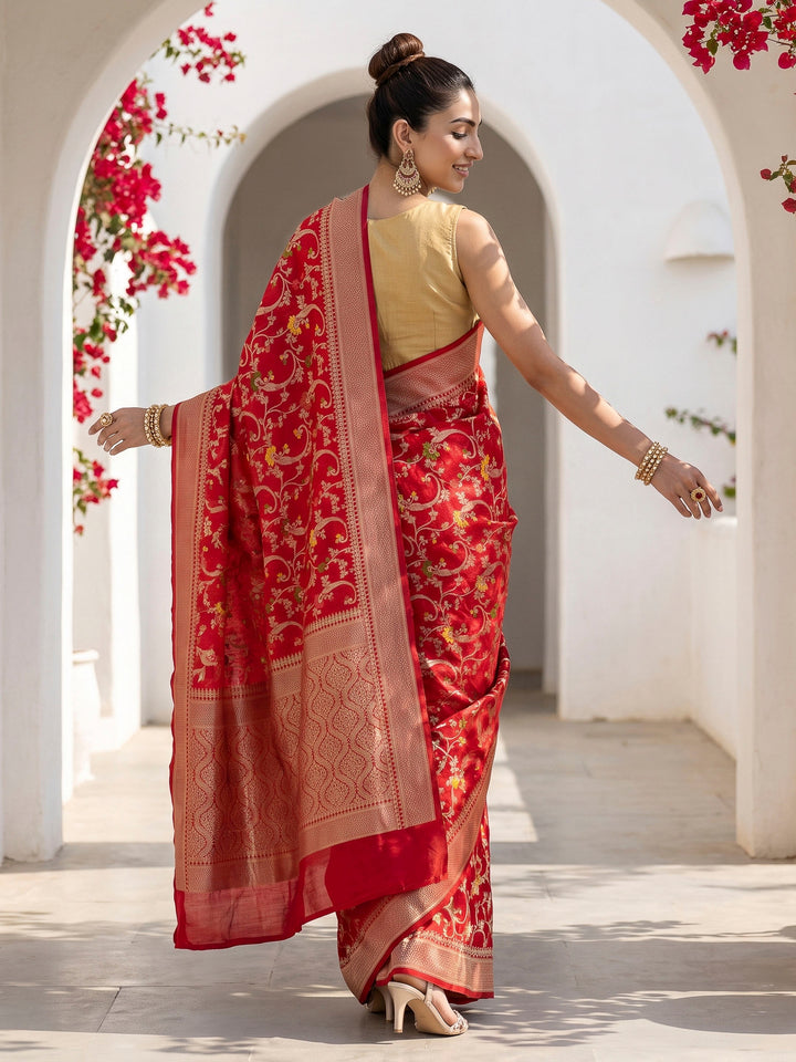Red Cotton Blend Woven Saree