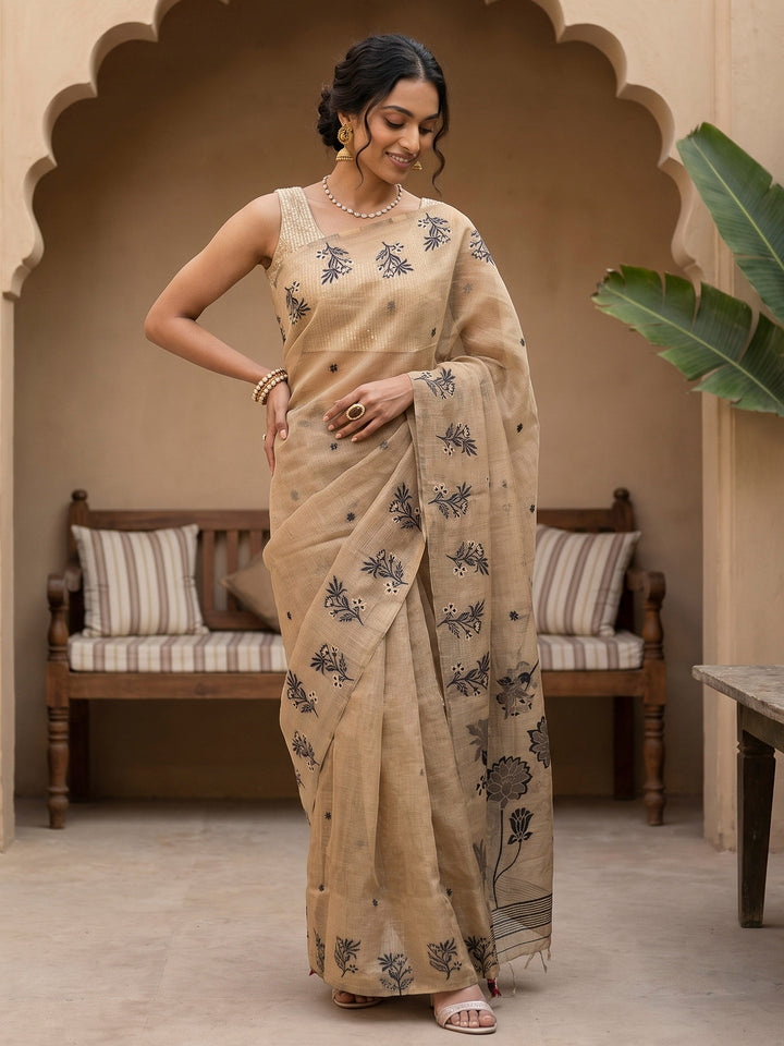 Beige-Black Tussar Woven Saree