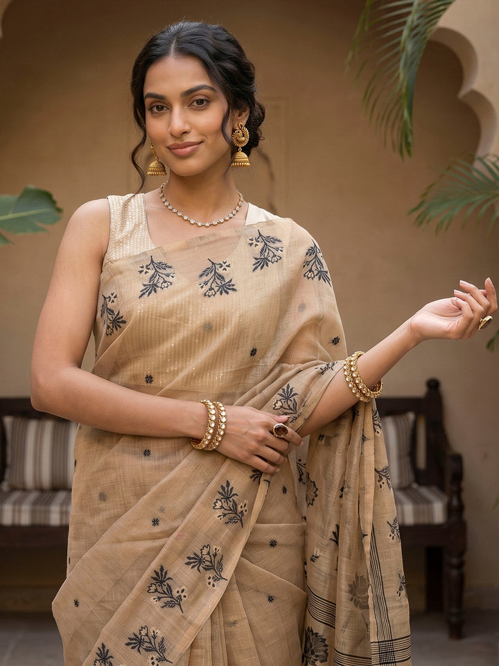 Beige-Black Tussar Woven Saree