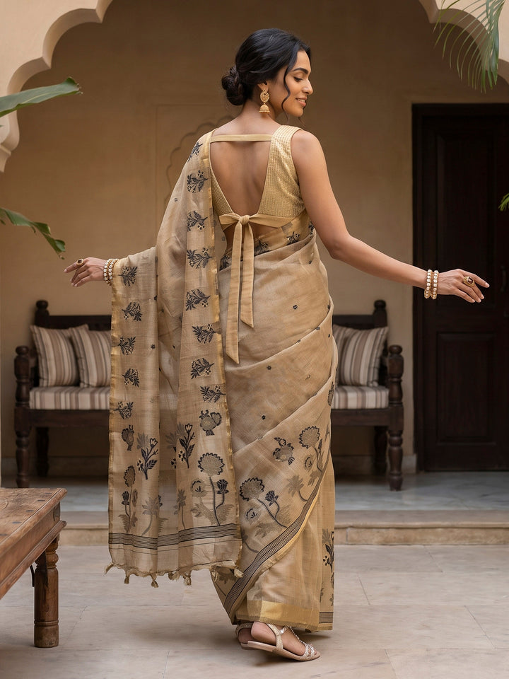 Beige-Black Tussar Woven Saree