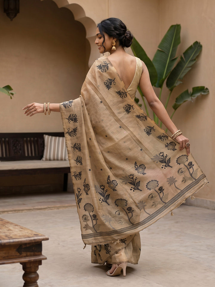 Beige-Black Tussar Woven Saree