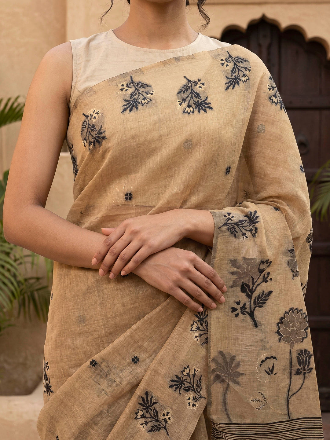 Beige-Black Tussar Woven Saree