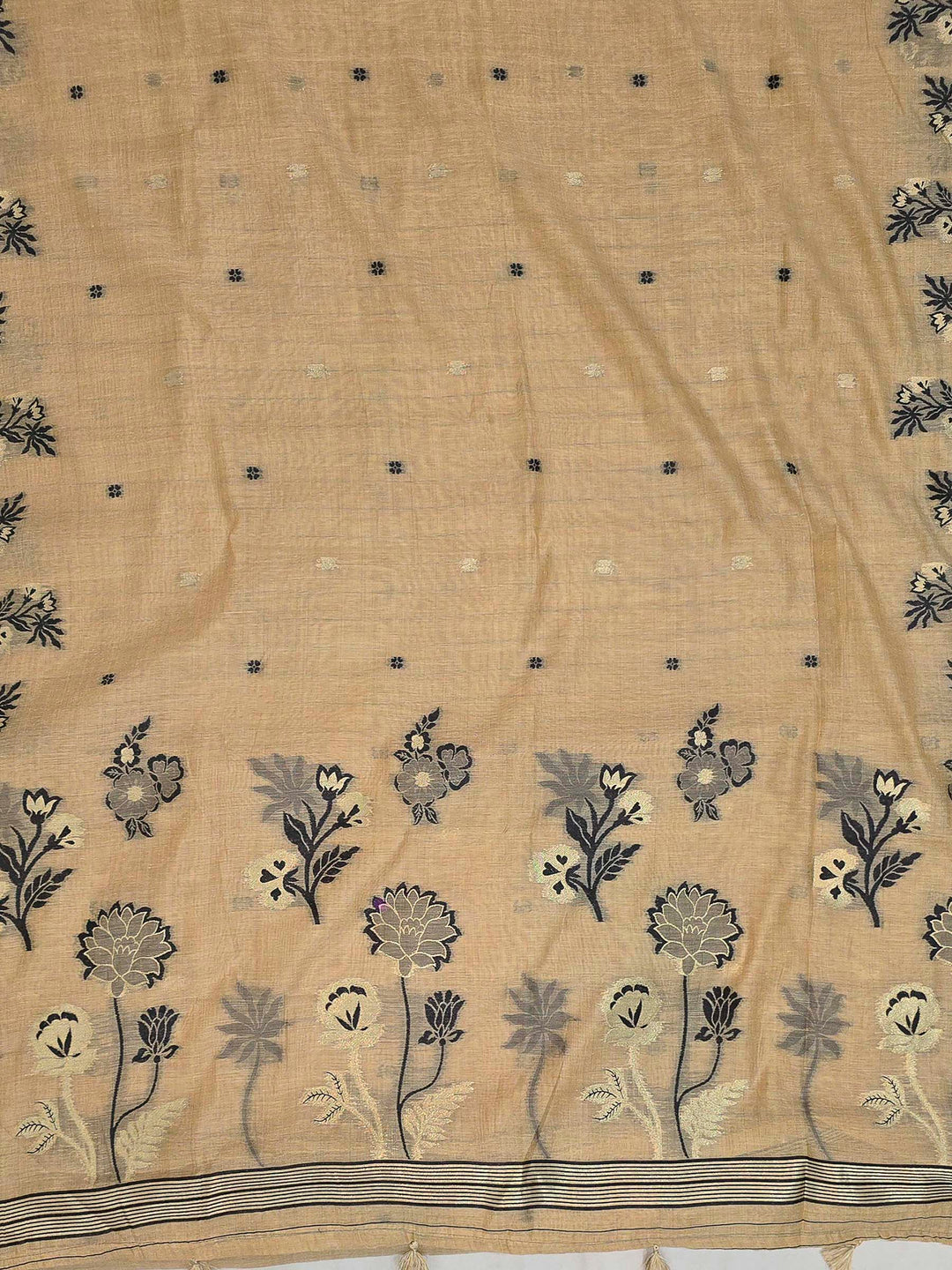 Beige-Black Tussar Woven Saree