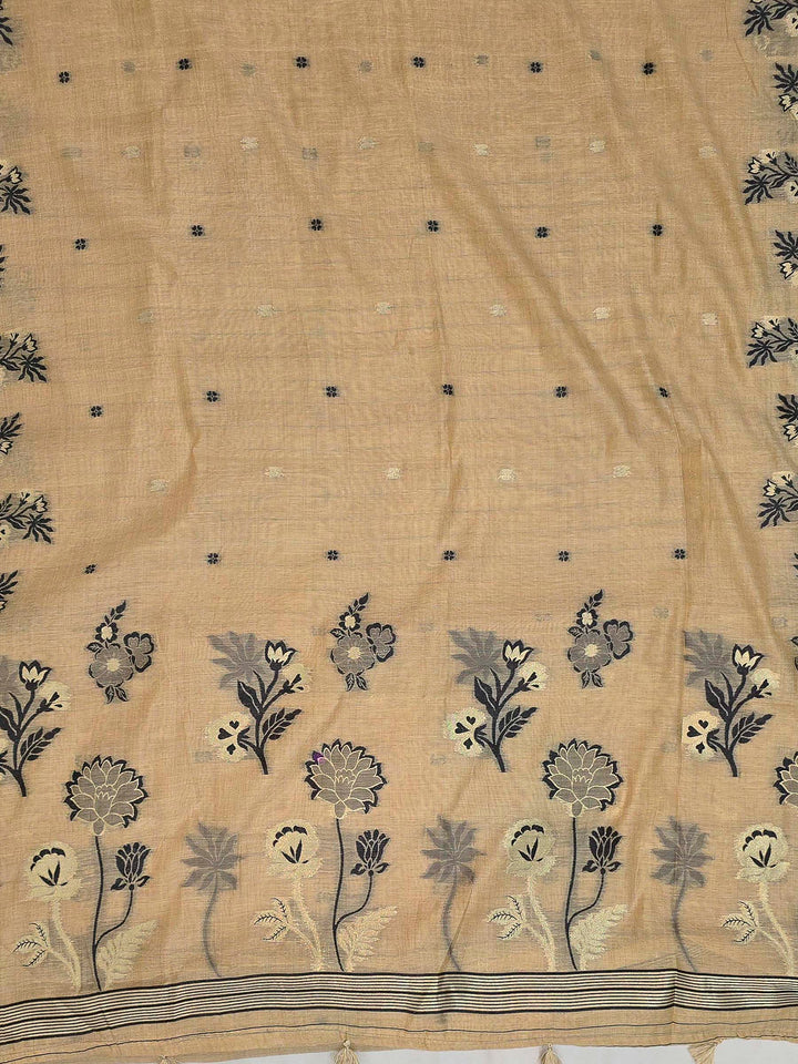 Beige-Black Tussar Woven Saree