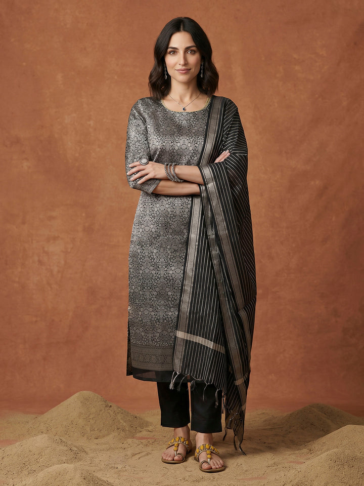 Black Chanderi Banarasi Unstitched Dress Material