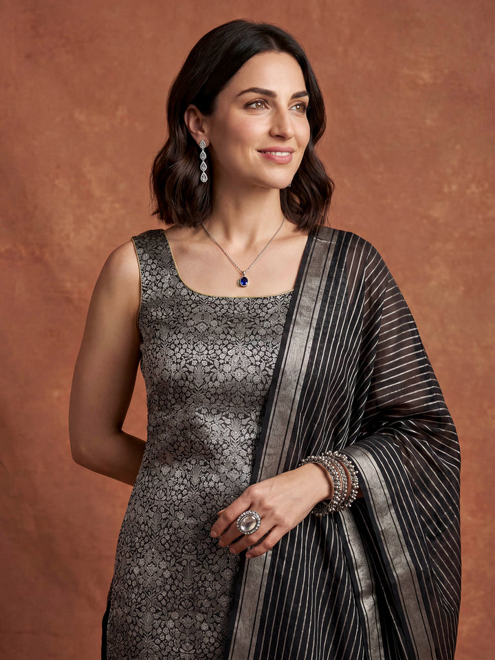 Black Chanderi Banarasi Unstitched Dress Material