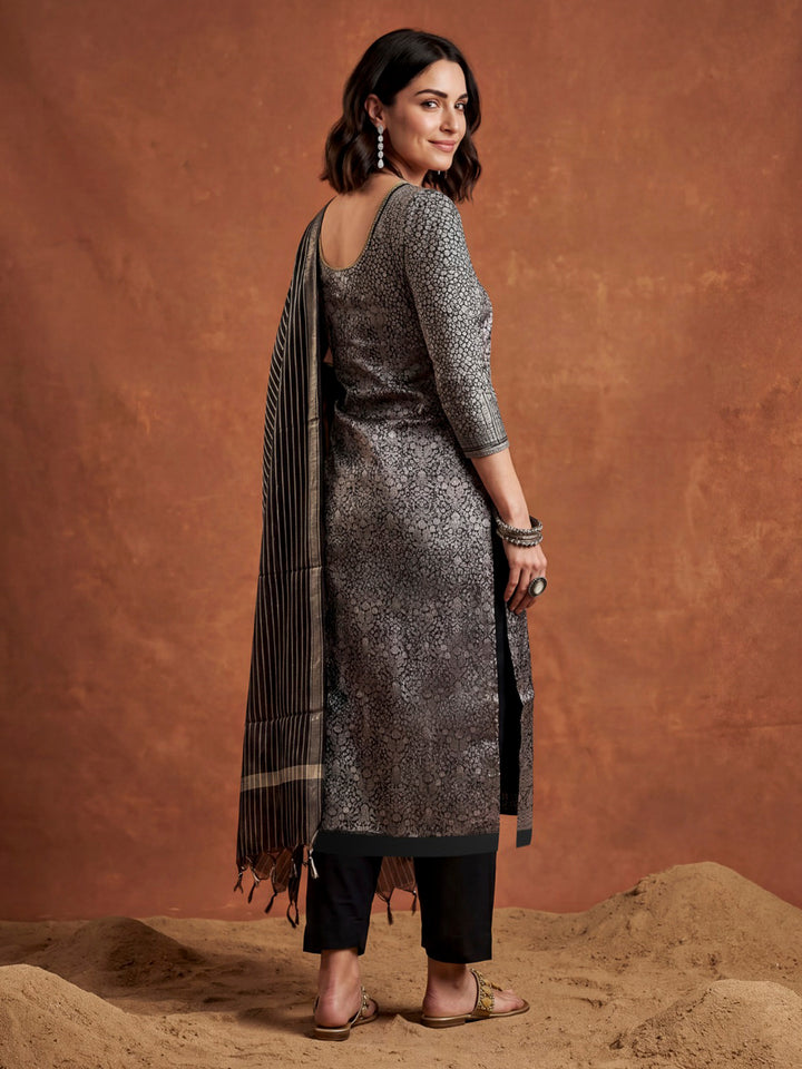 Black Chanderi Banarasi Unstitched Dress Material