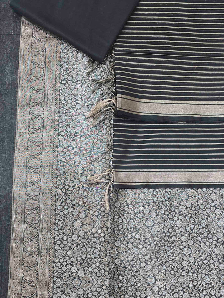 Black Chanderi Banarasi Unstitched Dress Material