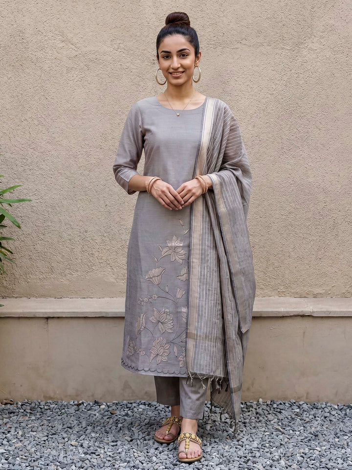 Grey Chanderi Embroided Unstitched Dress Material