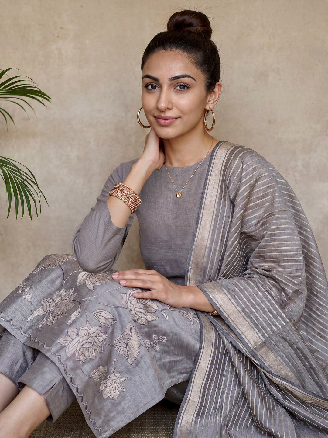 Grey Chanderi Embroided Unstitched Dress Material
