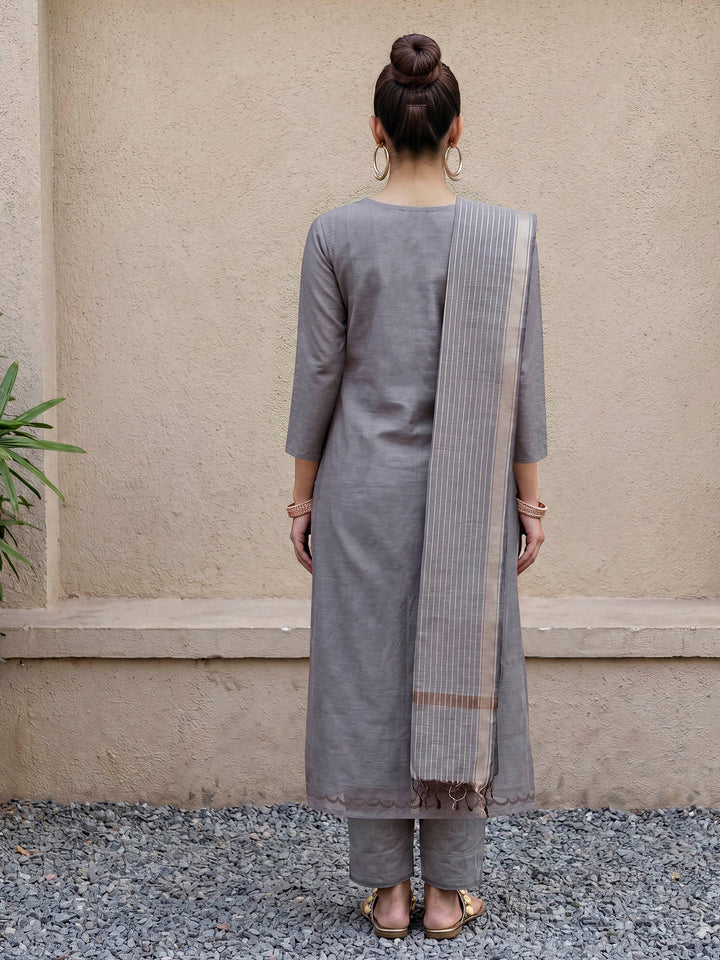 Grey Chanderi Embroided Unstitched Dress Material