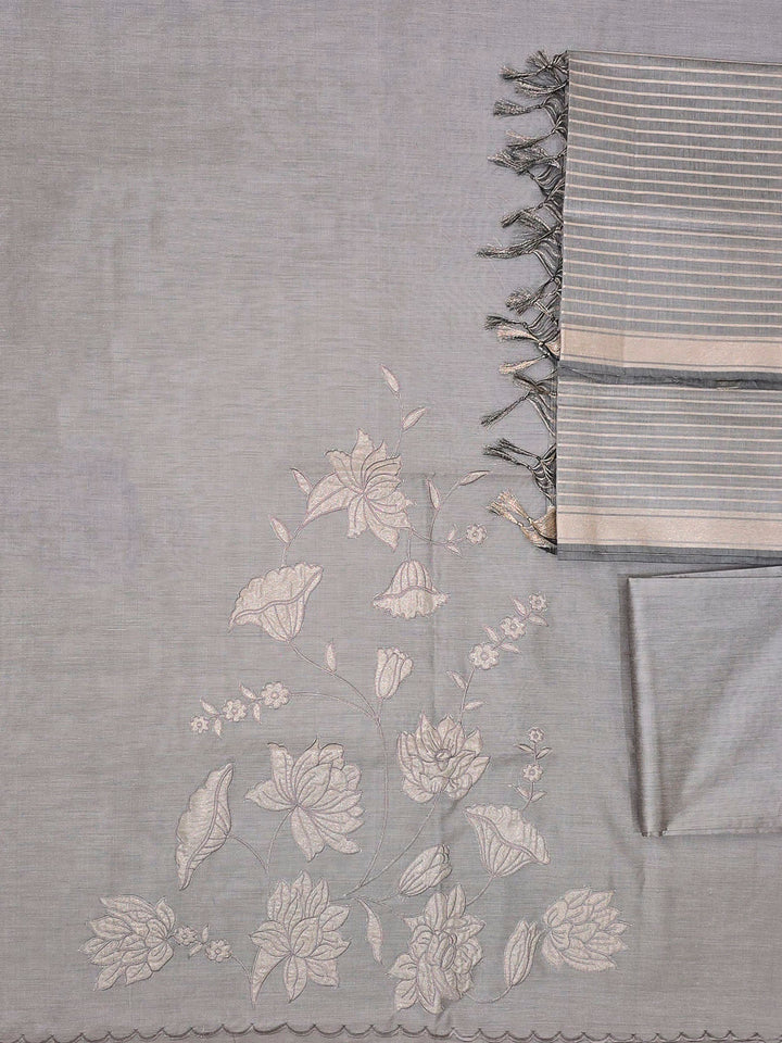 Grey Chanderi Embroided Unstitched Dress Material