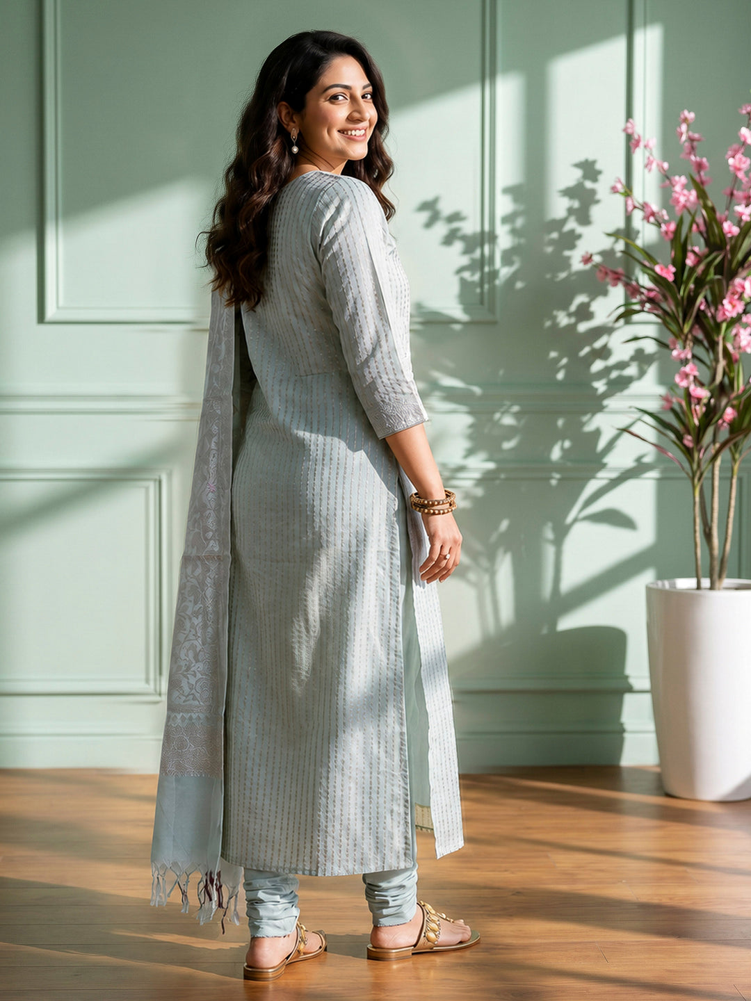 Mint Chanderi Woven Design Unstitched Dress Material