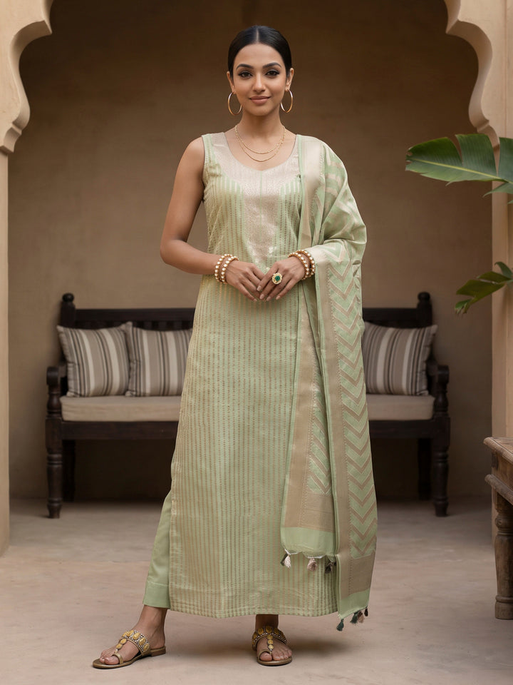 Pista-Green Chanderi Woven Design Unstitched Dress Material