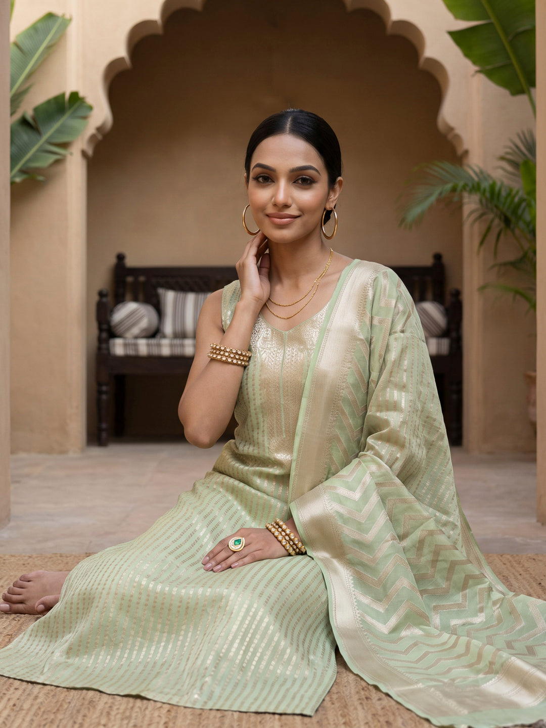 Pista-Green Chanderi Woven Design Unstitched Dress Material