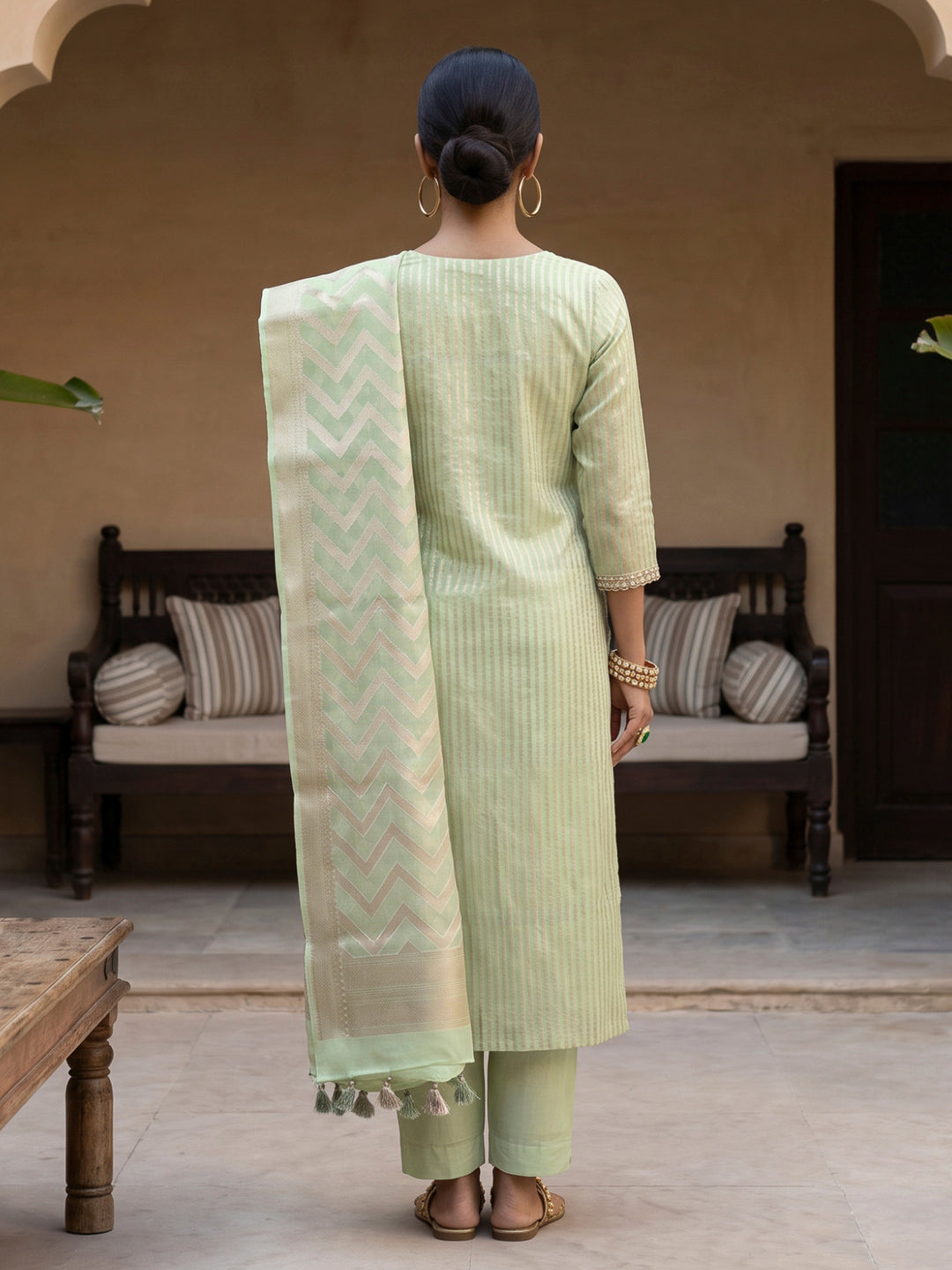 Pista-Green Chanderi Woven Design Unstitched Dress Material