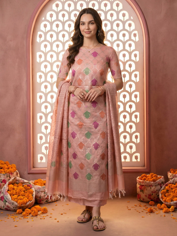 Pink Chanderi Woven Design Unstitched Dress Material
