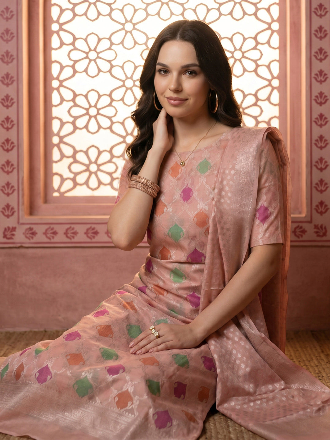Pink Chanderi Woven Design Unstitched Dress Material