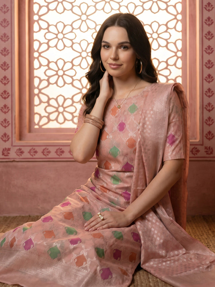 Peach Chanderi Woven Design Unstitched Dress Material