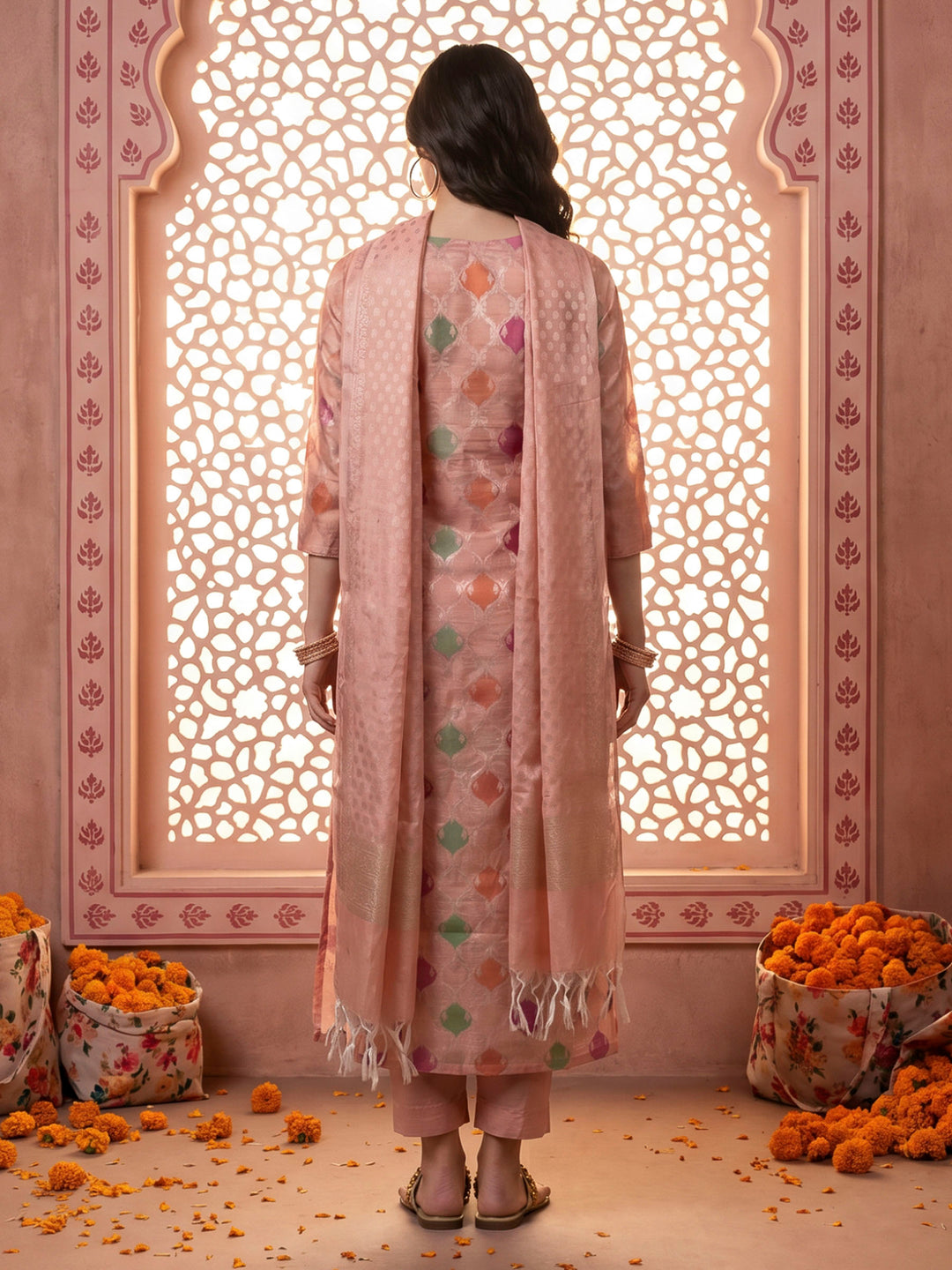 Pink Chanderi Woven Design Unstitched Dress Material