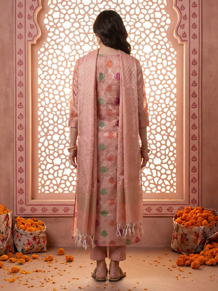Pink Chanderi Woven Design Unstitched Dress Material