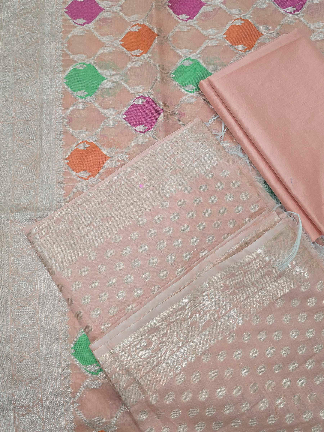 Pink Chanderi Woven Design Unstitched Dress Material