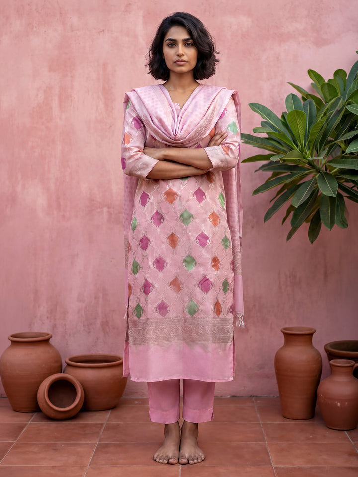 Peach Chanderi Woven Design Unstitched Dress Material