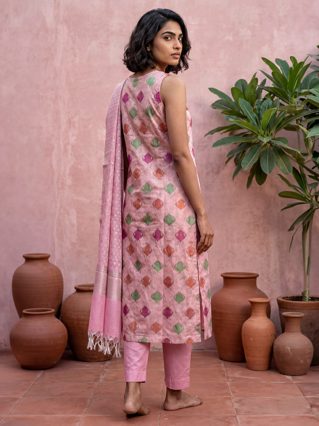 Peach Chanderi Woven Design Unstitched Dress Material