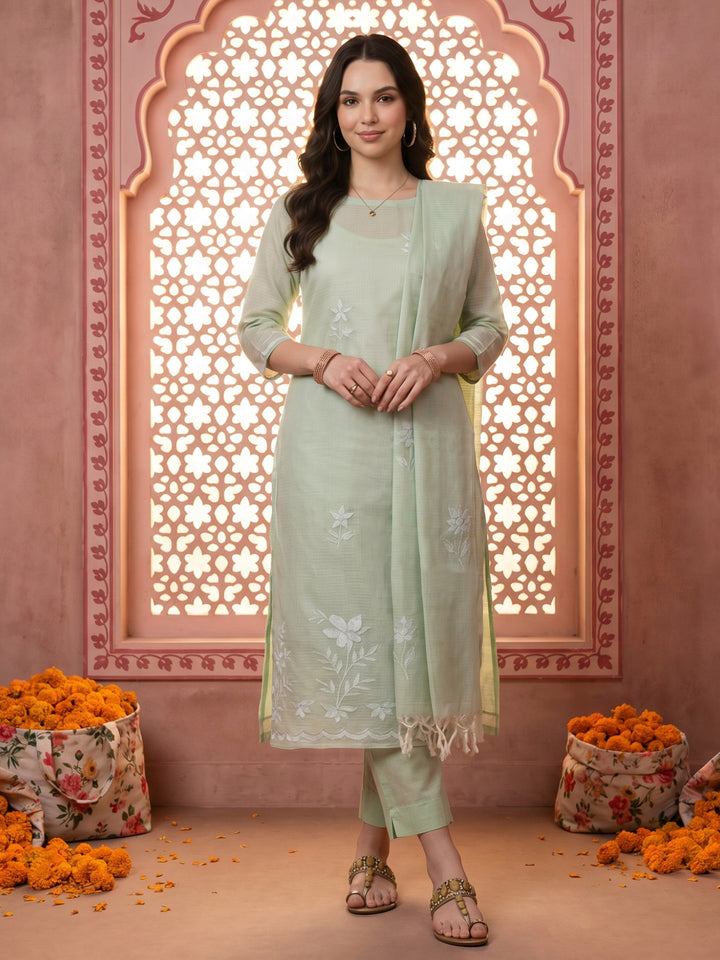 Green Chanderi Embroided Unstitched Dress Material