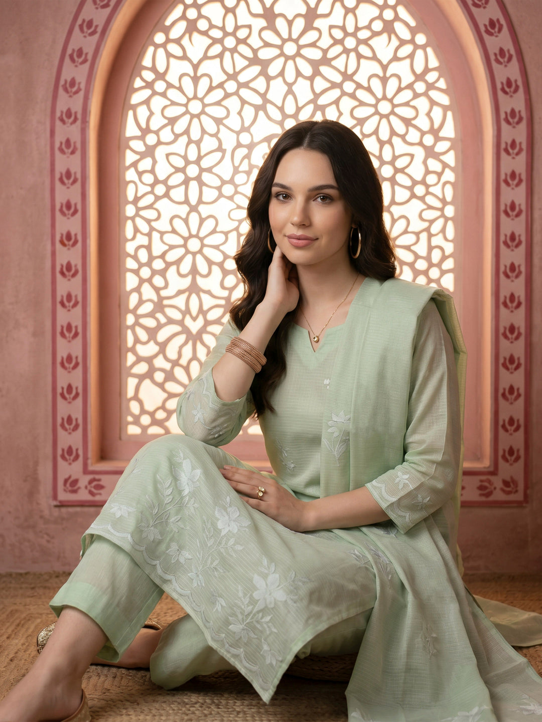 Green Chanderi Embroided Unstitched Dress Material