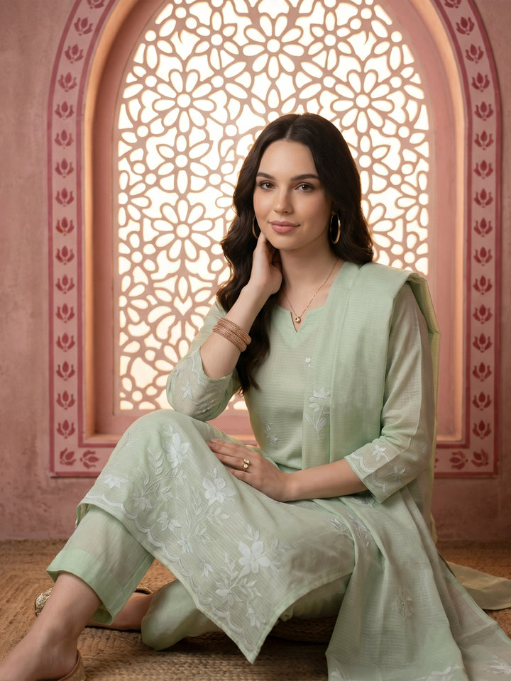 Green Chanderi Embroided Unstitched Dress Material
