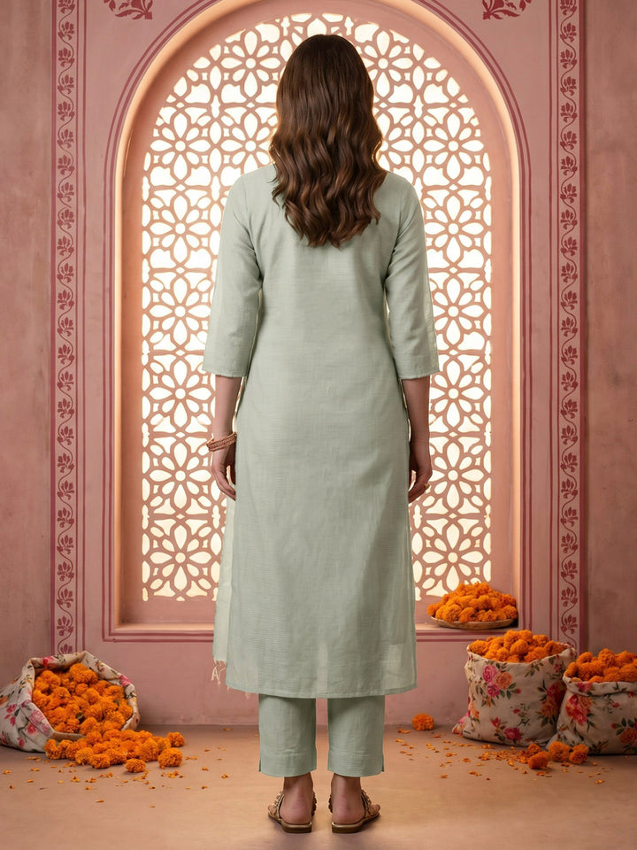 Green Chanderi Embroided Unstitched Dress Material