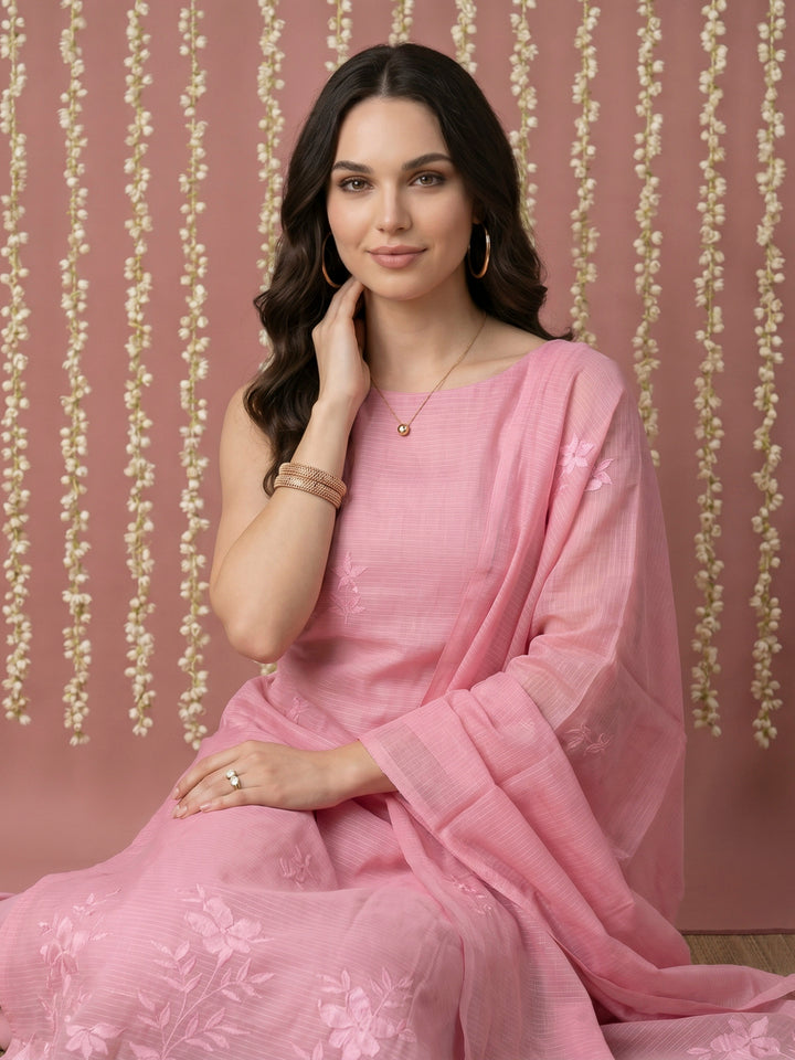 Pink Chanderi Embroided Unstitched Dress Material