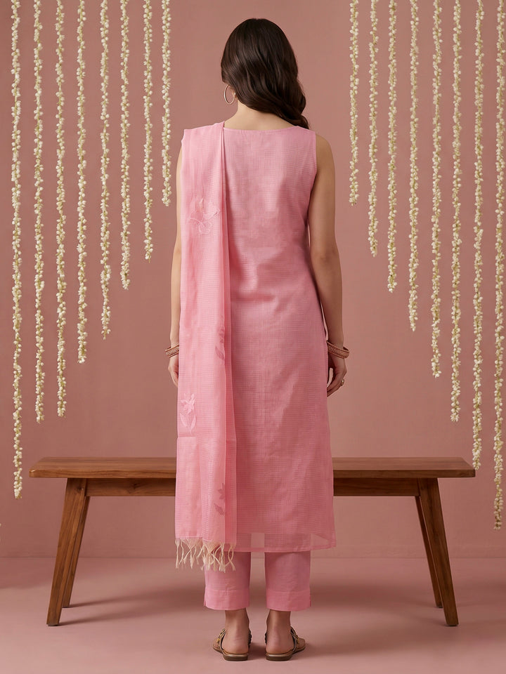 Pink Chanderi Embroided Unstitched Dress Material