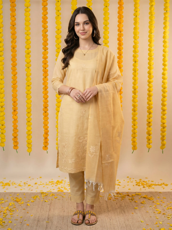 Yellow Chanderi Embroided Unstitched Dress Material