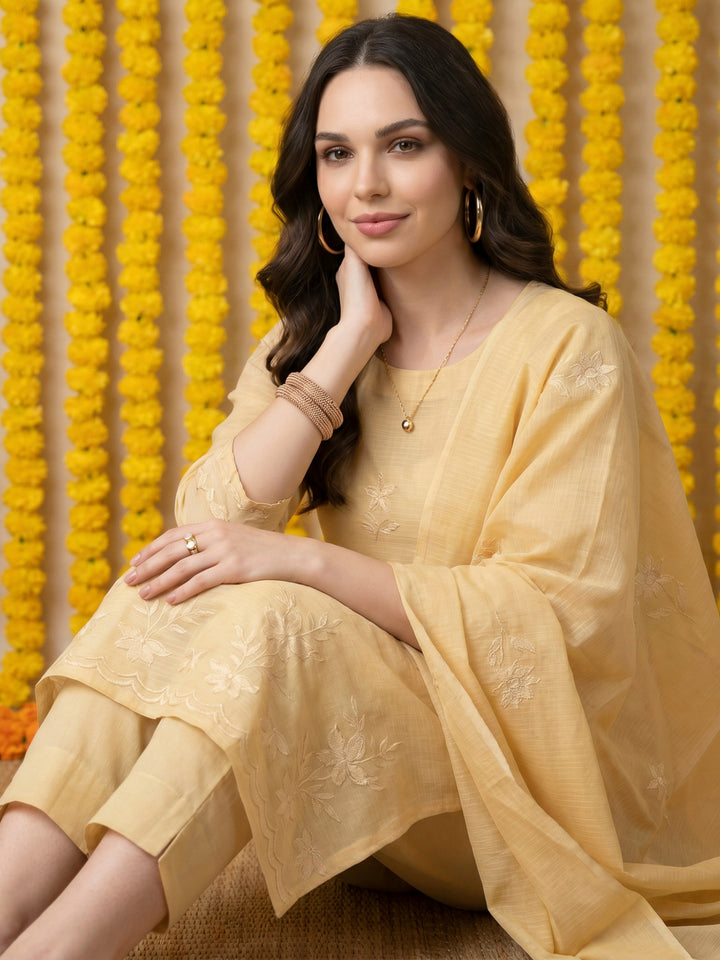 Yellow Chanderi Embroided Unstitched Dress Material