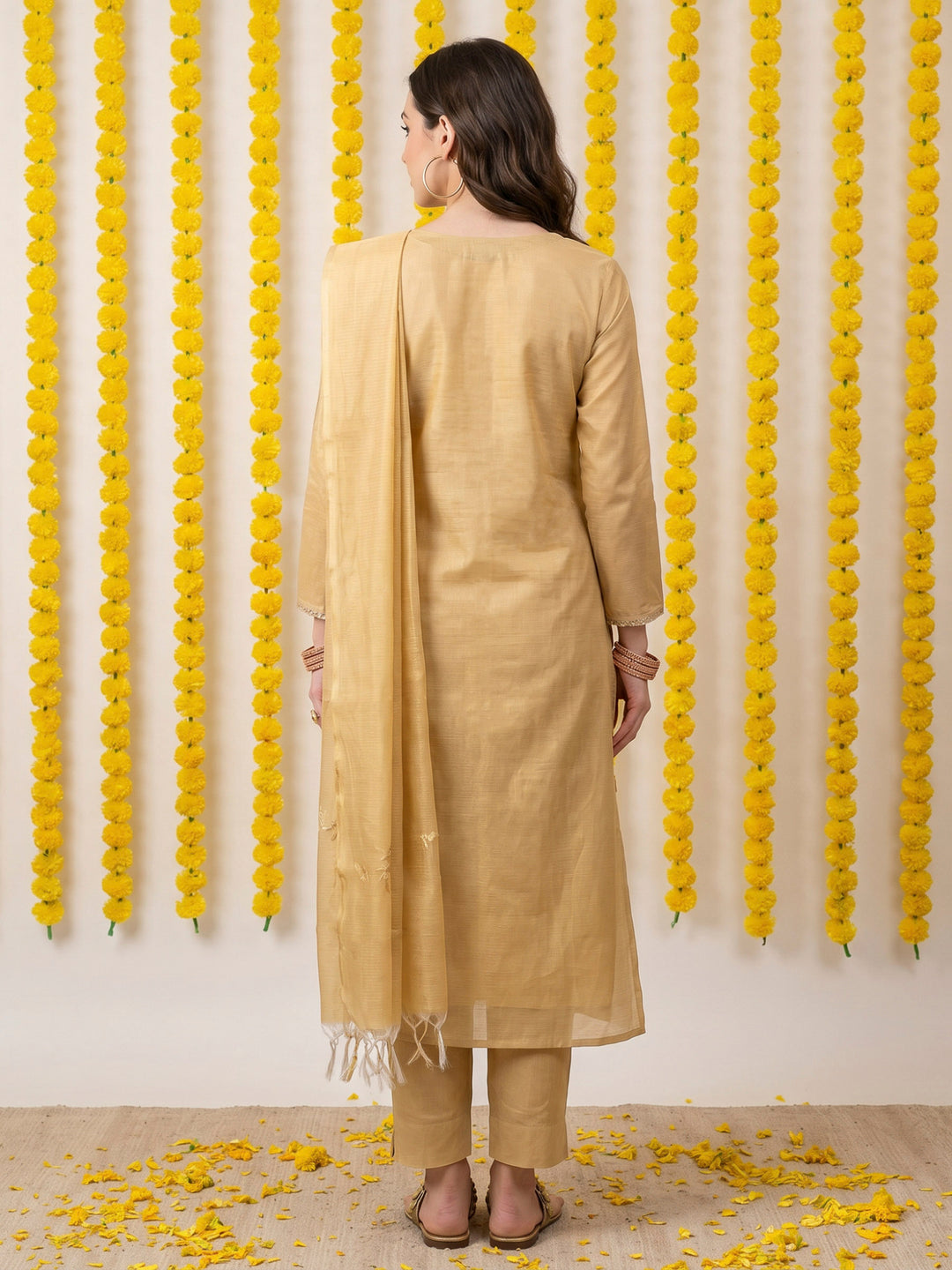 Yellow Chanderi Embroided Unstitched Dress Material