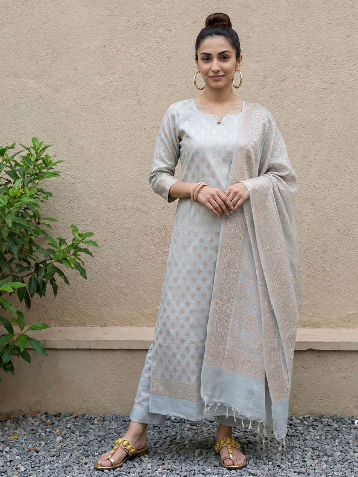 Blue Chanderi Woven Design Unstitched Dress Material
