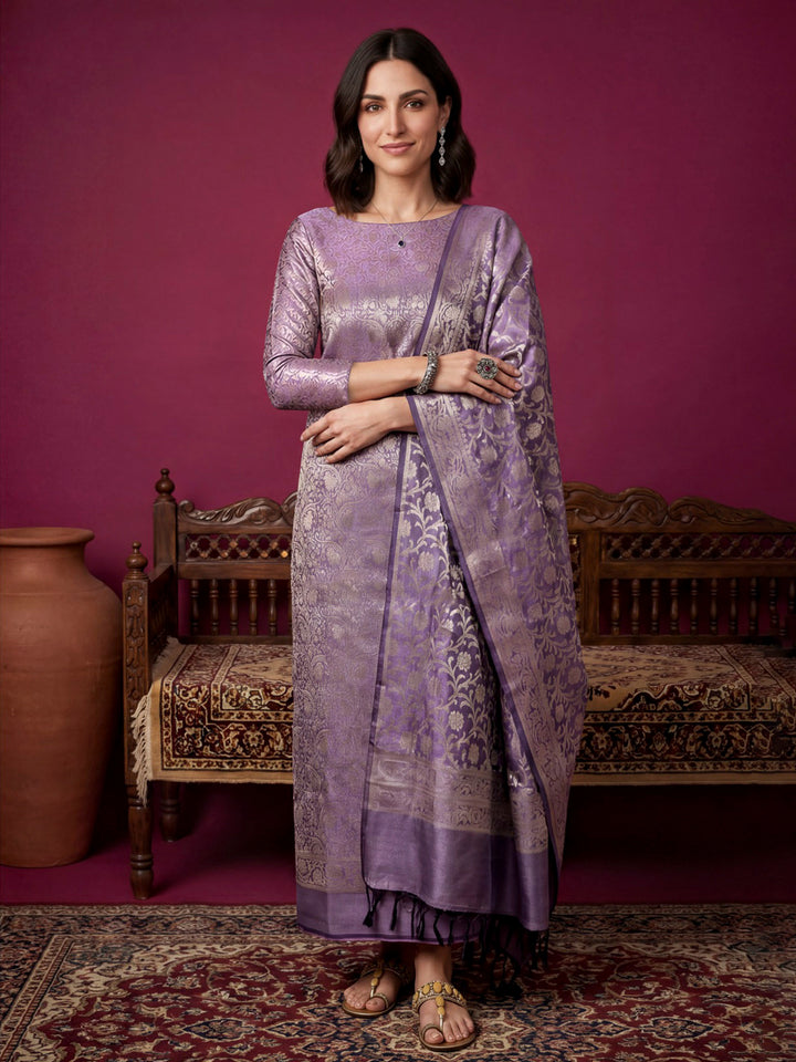 Lavender-Grey Chanderi Banarasi Unstitched Dress Material