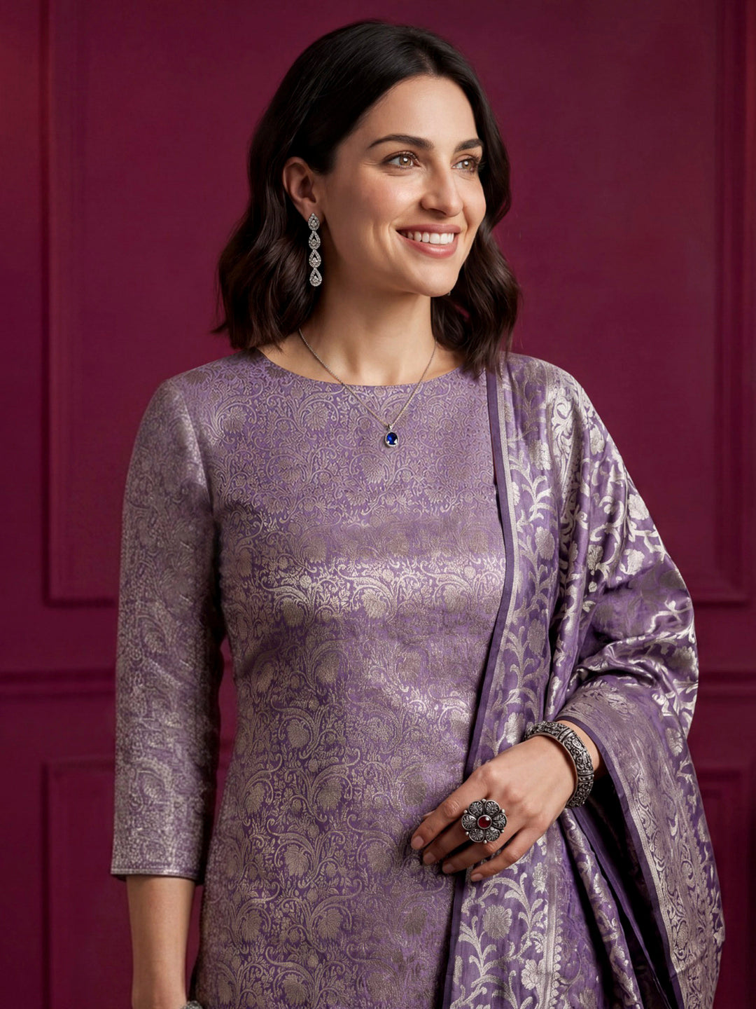 Lavender-Grey Chanderi Banarasi Unstitched Dress Material