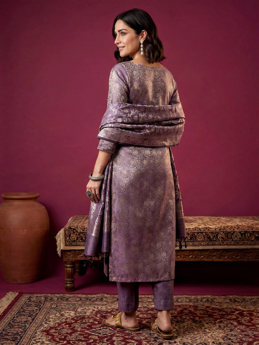 Lavender-Grey Chanderi Banarasi Unstitched Dress Material