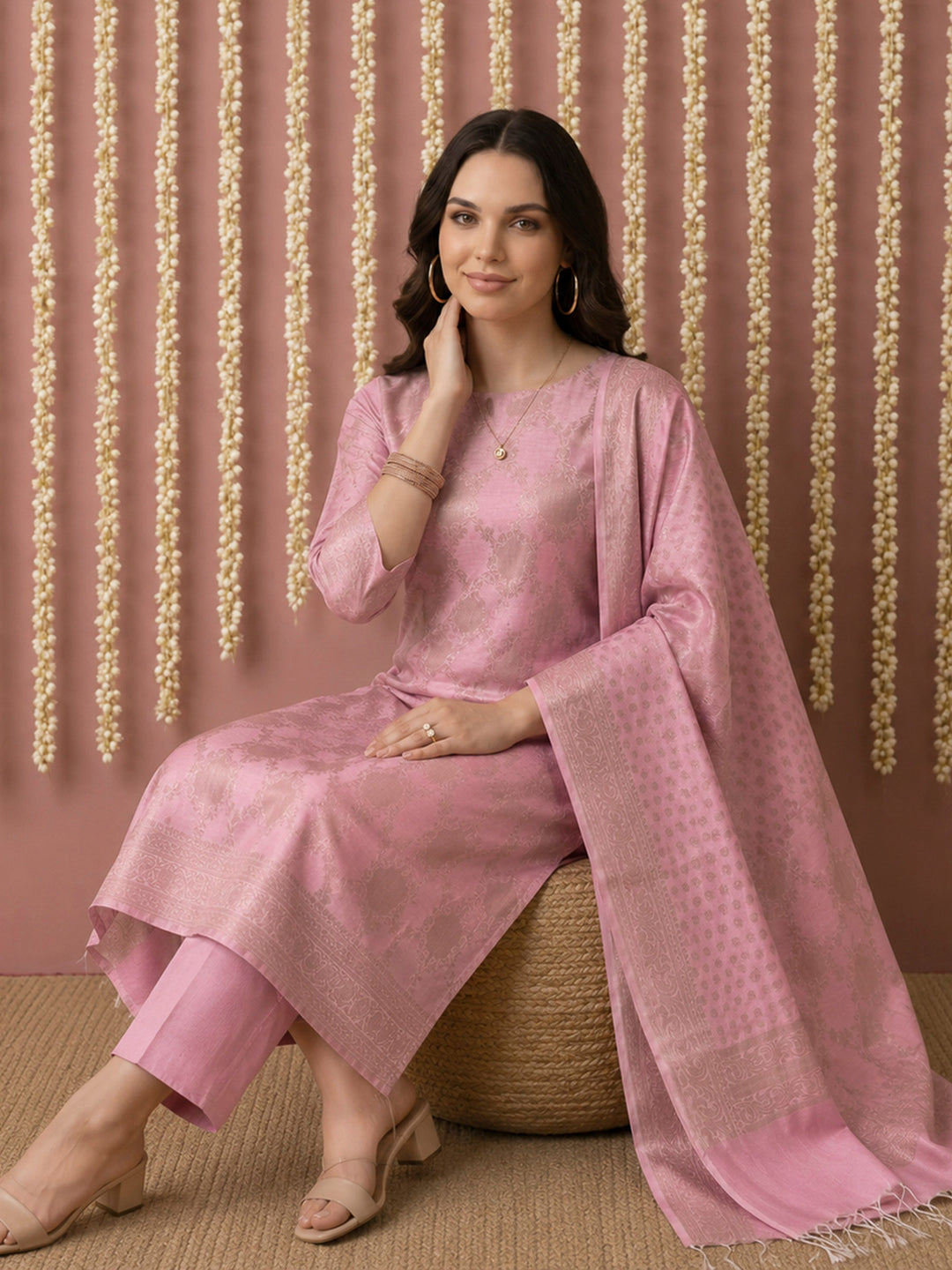 Pink Chanderi Woven Design Unstitched Dress Material